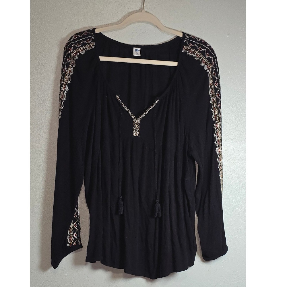 Old Navy Womens XL Black Embroidered Peasant Blouse Tassel Tie Long Sleeve Top